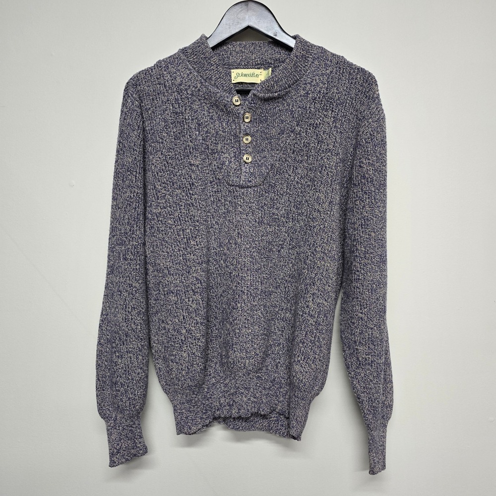 St. Johns Bay Henley Sweater Mens Medium Tall Blue Cotton Shaker Knit Vintage